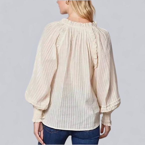 CLEOBELLA Ari Ruffle Lurex Stripe Blouse Cream Button Up Romantic Boho Femme - Picture 4 of 12